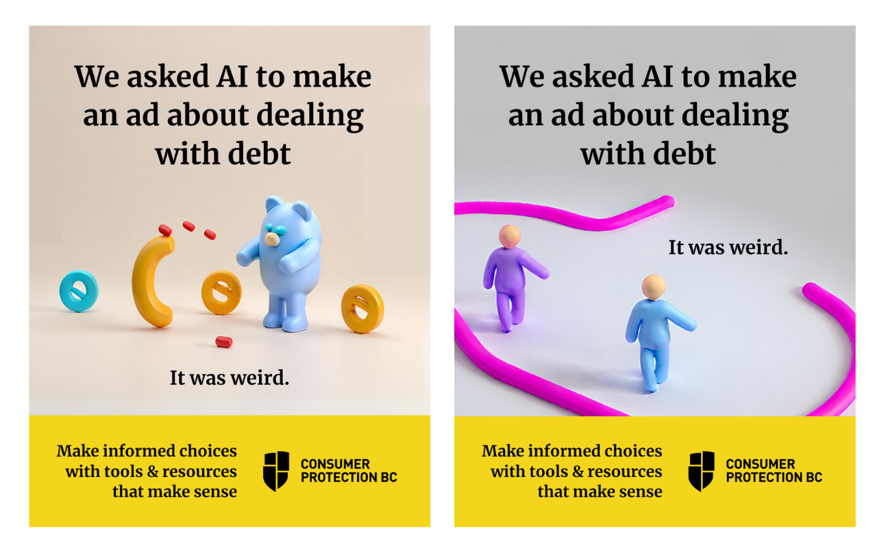 A visual of two ads featuring odd images generated by AI with the caption "we asked AI to make an ad about dealing with debt...it was weird. Make informed choices with tools and resources that make sense". The image features the Consumer Protection BC logo at the bottom right.